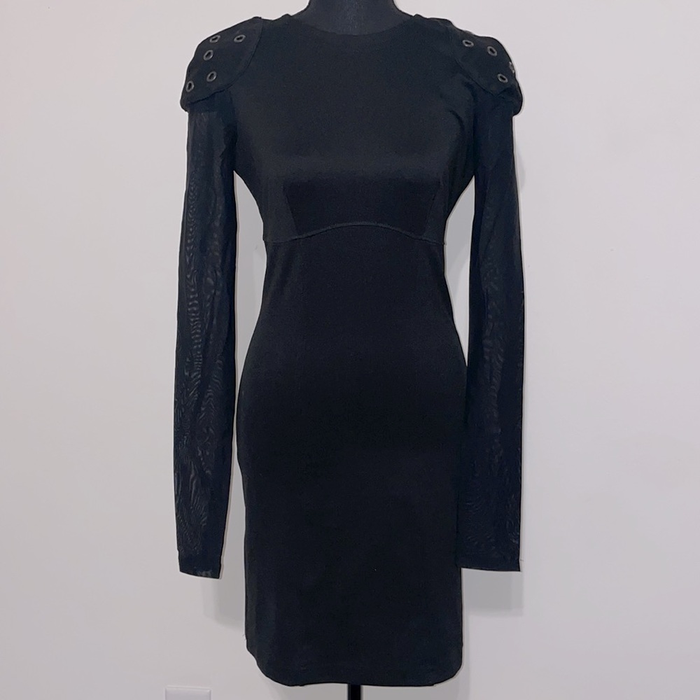 Black Pencil Fitted Dress Sheer Long Sleeve Gunmetal Hole Studs Small
